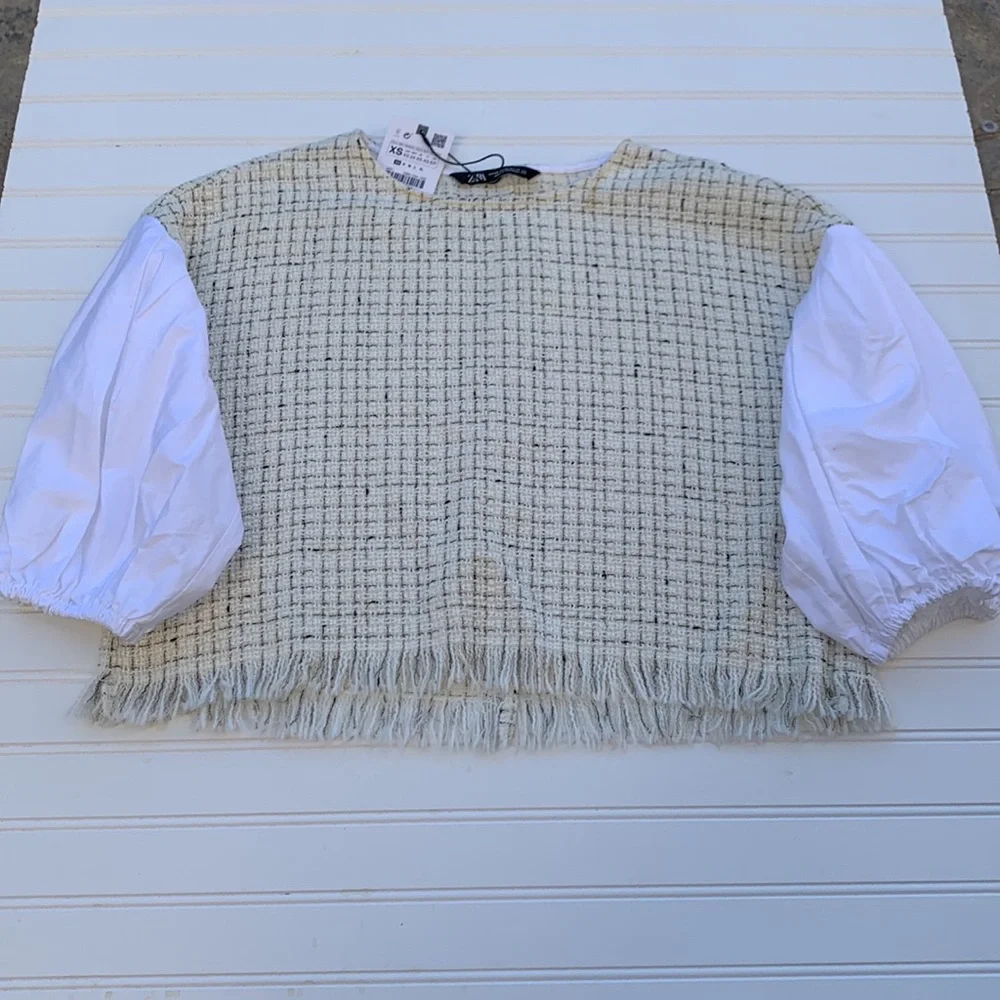 Zara Contrast Textured Tweed and Poplin Top. Size XS